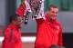 MANCHESTER, ENGLAND - MAY 13: Patrice Evra and Nemanja Vidic of Manchester United lift the Premier League trophy outside Old Trafford during the Manchester United Premier League Winners Parade on May 13, 2013 in Manchester, England. (Photo by Alex Lives