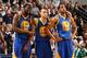 SALT LAKE CITY, UT - JANUARY 31: From left: Draymond Green #23, Stephen Curry #30, and Andre Iguodala #9 of the Golden State Warriors during a break in play against the Utah Jazz at EnergySolutions Arena on January 31, 2014 in Salt Lake City, Utah. NOTE