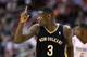 Apr 12, 2014; Houston, TX, USA; New Orleans Pelicans guard Anthony Morrow (3) reacts after a shot during the first half against the Houston Rockets at Toyota Center. Mandatory Credit: Soobum Im-USA TODAY Sports