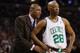 BOSTON - MAY 8: Head coach Doc Rivers of the Boston Celtics talks with Sam Cassell #28 as the Cleveland Cavaliers shoot a free throw during Game Two of the Eastern Conference Semifinals during the 2008 NBA Playoffs at the TD Banknorth Garden May 8, 2008 i