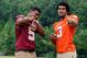 Jul 20, 2014; Greensboro, NC, USA; Florida State Seminloes quarterback Jameis Winston (5) and Clemson Tigers defensive end Vic Beasley (3) pose for a photo opportunity during the ACC Kickoff media day at the Grandover Resort. Mandatory Credit: Sam Sharpe-