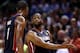 SAN ANTONIO, TX - JUNE 08: Dwyane Wade #3 speaks to Chris Bosh #1 of the Miami Heat against the San Antonio Spurs during Game Two of the 2014 NBA Finals at the AT&T Center on June 8, 2014 in San Antonio, Texas. NOTE TO USER: User expressly acknowledges a
