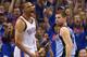 OKLAHOMA CITY, OK - MAY 03: Russell Westbrook #0 of the Oklahoma City Thunder celebrates a play in front of Beno Udrih #19 of the Memphis Grizzlies in Game Seven of the Western Conference Quarterfinals during the 2014 NBA Playoffs at Chesapeake Energy Ar