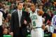 BOSTON, MA - JANUARY 17: Head coach Brad Stevens and Rajon Rondo #9 of the Boston Celtics talkd uring a time out against the Los Angeles Lakers on January 17, 2014 at the TD Garden in Boston, Massachusetts. NOTE TO USER: User expressly acknowledges and a