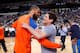 DALLAS, TX - MARCH 6: Former Maverick Tyson Chandler #6 of the New York Knicks hugs his former owner Mark Cuban as Chandler received his 2010-2011 NBA Championship ring prior to a game against the Dallas Mavericks on March 6, 2012 at the American Airlines