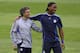 VALENCIA, SPAIN - APRIL 09: Chelsea Coach Jose Mourinho (L) shares a joke with striker Didier Drogba during Chelsea training and press conference ahead of tomorrow's Champions League Quarter Final Second Leg match against Valencia, at the Stadium Mestall
