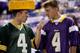 MINNEAPOLIS - OCTOBER 05: Fans of Brett Favre #4 of the Minnesota Vikings talk prior to the start of the game against of the Green Bay Packers on October 5, 2009 at Hubert H. Humphrey Metrodome in Minneapolis, Minnesota. (Photo by Jamie Squire/Getty Im