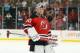 Apr 13, 2014; Newark, NJ, USA; New Jersey Devils goalie Martin Brodeur (30) is honored by fans after his 3-2 win over the Boston Bruins at Prudential Center. Mandatory Credit: Ed Mulholland-USA TODAY Sports
