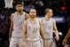 Jan 17, 2014; San Antonio, TX, USA; San Antonio Spurs players Tim Duncan (21) and Tony Parker (9) and Manu Ginobili (20) react during the second half against the Portland Trail Blazers at AT&T Center. The Blazers won 109-100. Mandatory Credit: Soobum Im-U