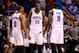 Mar 6, 2014; Phoenix, AZ, USA; Oklahoma City Thunder guard Russell Westbrook (0) and forward Kevin Durant (35) argue with forward Serge Ibaka (9) in the closing seconds of the fourth quarter against the Phoenix Suns at the US Airways Center. The Suns defe