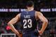 PORTLAND, OR - APRIL 6: A close up shot of Anthony Davis #23 of the New Orleans Pelicans during the game against the Portland Trail Blazers on April 6, 2014 at the Moda Center Arena in Portland, Oregon. NOTE TO USER: User expressly acknowledges and agree