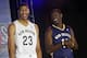 METAIRIE, LA - AUGUST 1: Anthony Davis #23 and Jrue Holiday #11 of the New Orleans Pelicans models during a press conference to showcase the team's new uniform on August 1, 2013 at the New Orleans Pelicans practice facility in Metairie, Louisiana. NOTE T