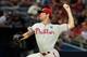 Jul 19, 2014; Atlanta, GA, USA; Philadelphia Phillies starting pitcher Cole Hamels (35) pitches against the Atlanta Braves during the fifth inning at Turner Field. Mandatory Credit: Dale Zanine-USA TODAY Sports