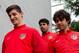 MAJADAHONDA, MADRID - APRIL 21: Goalkeeper Thibaut Courtois (L) of Atletico de Madrid enters the pitch with teammates Diego Costa (2ndL); Arda Turan (2ndR) and Tiago Mendes (R) prior to start the training session ahead of the UEFA Champions League Semif
