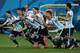 SAO PAULO, BRAZIL - JULY 09: Lionel Messi, Pablo Zabaleta, Martin Demichelis, Marcos Rojo, Lucas Biglia, Javier Mascherano, Rodrigo Palacio, Ezequiel Garay and Sergio Aguero of Argentina celebrate defeating the Netherlands in a penalty shootout during th