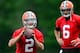 Jun 12, 2014; Berea, OH, USA; Cleveland Browns quarterback Johnny Manziel (2) looks to pass as Brian Hoyer (6) looks on during minicamp at Browns training facility. Mandatory Credit: Andrew Weber-USA TODAY Sports
