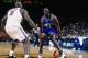 NEW YORK - APRIL 24: Anthony Mason #14 of the Charlotte Hornets dribbles against Larry Johnson #2 of the New York Knicks in Game One of the Eastern Conference Quarterfinals during the 1997 NBA Playoffs at Madison Square Garden on April 24, 1997 in New Yo