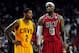 Feb 24, 2013; Miami, FL, USA; Cleveland Cavaliers point guard Kyrie Irving (2) and Miami Heat small forward LeBron James (6) during the second half at the American Airlines Arena. MIami won 109-105. Mandatory Credit: Steve Mitchell-USA TODAY Sports