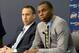 Jun 27, 2014; Independence, OH, USA; Cleveland Cavaliers head coach David Blatt (left) listens as first round pick Andrew Wiggins speaks to the media at Cleveland Clinic Courts. Mandatory Credit: David Richard-USA TODAY Sports