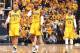 INDIANAPOLIS - MAY 18: David West #21, Roy hibbert #55 and Paul George #24 of the Indiana Pacers look on against the Miami Heat in game one of the East Conference Finals at Bankers Life Fieldhouse on May 18, 2014 in Indianapolis, Indiana. NOTE TO USER: U