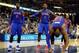 Nov 1, 2013; Memphis, TN, USA; Detroit Pistons center Andre Drummond (0) Detroit Pistons small forward Josh Smith (6) and Detroit Pistons center Greg Monroe (10) react to call against Memphis Grizzlies during the second half at FedExForum. Memphis Grizzli