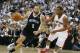 Apr 22, 2014; Toronto, Ontario, CAN; Brooklyn Nets guard Deron Williams (8) carries the ball past Toronto Raptors guard Kyle Lowry (7) in game two during the first round of the 2014 NBA Playoffs at Air Canada Centre. Toronto defeated Brooklyn 100-95. Mand