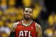 INDIANAPOLIS, IN - MAY 3: Mike Scott #32 of the Atlanta Hawks reacts against the Indiana Pacers during Game Seven of the Eastern Conference Quarterfinals of the 2014 NBA Playoffs on May 3, 2014 at Bankers Life Fieldhouse in Indianapolis, Indiana. The Pace