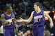 Apr 9, 2014; New Orleans, LA, USA; Phoenix Suns guard Eric Bledsoe (2) celebrates with guard Goran Dragic (1) against the New Orleans Pelicans in the second half at the Smoothie King Center. The Suns won 94-88. Mandatory Credit: Crystal LoGiudice-USA TODA
