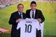 MADRID, SPAIN - JULY 22: James Rodriguez holds his new Real shirt beside club president Florentino Perez during his unveiling as a new Real Madrid player at the Santaigo Bernabeu stadium on July 22, 2014 in Madrid, Spain. Real agreed to buy Rodriguez fro
