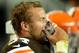 Aug 24, 2012; Cleveland, OH, USA; Cleveland Browns linebacker Ben Jacobs (54) takes in oxygen on the bench in the fourth quarter against the Philadelphia Eagles in a preseason game at Cleveland Browns Stadium. Mandatory Credit: Andrew Weber-US Presswire