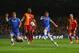 LONDON, ENGLAND - MARCH 18: John Terry of Chelsea (R) misses a chance as Branislav Ivanovic of Chelsea (L) and Didier Drogba of Galatasaray (C) look on during the UEFA Champions League Round of 16 second leg match between Chelsea and Galatasaray AS at St
