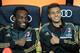 MILAN, ITALY - MAY 18: Michael Essien (L) and Hachim Mastour of AC Milan prior to the Serie A match between AC Milan and US Sassuolo Calcio at San Siro Stadium on May 18, 2014 in Milan, Italy. (Photo by Claudio Villa/Getty Images)