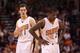 PHOENIX, AZ - DECEMBER 18: Goran Dragic #1 and Eric Bledsoe #2 of the Phoenix Suns await a free throw shot during the NBA game against the San Antonio Spurs at US Airways Center on December 18, 2013 in Phoenix, Arizona. The Spurs defeated the 108-101. N