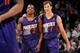 DENVER, CO - December 20: Eric Bledsoe #2 and Goran Dragic #1 of the Phoenix Suns smile and walk off the court against the Denver Nuggets on December 20, 2013 at the Pepsi Center in Denver, Colorado. NOTE TO USER: User expressly acknowledges and agrees t