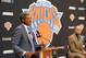 GREENBURGH, NY - JUNE 10: Steve Mills, General Manager of the New York Knicks speaks at a press conference to announce Derek Fisher as Coach of the New York Knicks on June 10, 2014 in Greenburgh, New York. NOTE TO USER: User expressly acknowledges and ag