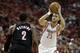 Apr 30, 2014; Houston, TX, USA; Houston Rockets forward Chandler Parsons (25) is defended by Portland Trail Blazers guard Wesley Matthews (2) during the second quarter in game five of the first round of the 2014 NBA Playoffs at Toyota Center. Mandatory Cr