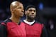 CHARLOTTE, NC - APRIL 28: Ray Allen #34 of the Miami Heat and teammate LeBron James #6 wear a black head band and inside out warm up jersey before their game against the Charlotte Bobcats in Game Four of the Eastern Conference Quarterfinals during the 20