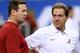 NEW ORLEANS, LA - JANUARY 02: Head coach Bob Stoops of Oklahoma Sooners talks with Nick Saban head coach of the Alabama Crimson Tide prior to the Allstate Sugar Bowl at the Mercedes-Benz Superdome on January 2, 2014 in New Orleans, Louisiana. (Photo by