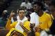 Oct 25, 2013; Anaheim, CA, USA; Los Angeles Lakers guard Nick Young (right) and guard Steve Nash (left) talk on the bench during the game against the Utah Jazz during the fourth quarter at Honda Center. The Los Angeles Lakers defeated the Utah Jazz 111-10