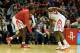 HOUSTON, TX - DECEMBER 08: Dwight Howard #12 and James Harden #13 of the Houston Rockets greet each other during a timeout during the game against the Orlando Magic at Toyota Center on December 8, 2013 in Houston, Texas. NOTE TO USER: User expressly ack