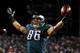 PHILADELPHIA, PA - JANUARY 04: Zach Ertz #86 of the Philadelphia Eagles celebrates after scoring a yard touchdown pass from Nick Foles #9 in the fourth quarter against the New Orleans Saints to take the lead 24-23 during their NFC Wild Card Playoff game