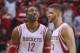 Apr 20, 2014; Houston, TX, USA; Houston Rockets center Dwight Howard (12) and forward Chandler Parsons (25) react after a play during overtime against the Portland Trail Blazers in game one during the first round of the 2014 NBA Playoffs at Toyota Center.