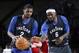 Feb 16, 2013; Houston, TX, USA; Eastern Conference forward LeBron James (6) of the Miami Heat tries to take the ball away from guard Kyrie Irving (2) of the Cleveland Cavaliers during practice for the 2013 NBA all star game at the George R. Brown Conventi