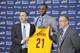 INDEPENDENCE, OH - JUNE 27: First overall draft pick Andrew Wiggins of the Cleveland Cavaliers is introduced to the media alongside Head Coach David Blatt and General Manager David Griffin at The Cleveland Clinic Courts on June 27, 2014 in Independence,