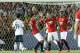 PASADENA, CA - JULY 23: Wayne Rooney #10 (C) of Manchester United celebrates with Ander Herrera #21 and Danny Welbeck #19 after making a penalty kick as Juninho #19 of the Los Angeles Galaxy reacts in the first half at the Rose Bowl on July 23, 2014 in P