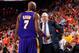 PHOENIX - MAY 23: Lamar Odom #7 talks to head coach Phil Jackson of the Los Angeles Lakers in Game Three of the Western Conference Finals against the Phoenix Suns during the 2010 NBA Playoffs on May 23, 2010 at US Airways Center in Phoenix, Arizona. Th