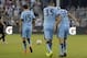 Jul 23, 2014; Kansas City, KS, USA; Manchester City midfielder Bruno Zuculini (36) is congratulated by forward Stevan Jovetic (35) after scoring a goal against the Sporting KC in the first half at Sporting Park. Mandatory Credit: John Rieger-USA TODAY Sp