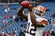 FOXBORO, MA - DECEMBER 8: Josh Gordon #12 of the Cleveland Browns catches a pass before a game with the New England Patriots at Gillette Stadium on December 8, 2013 in Foxboro, Massachusetts. (Photo by Jim Rogash/Getty Images)