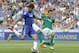LJUBLJANA, SLOVENIA - JULY 27: Diego Costa (L) of FC Chelsea scores the goal near Antonio Mlinar Delamea (L) of FC Olimpija Ljubljana during the Pre Season Friendly match between FC Olimpija Ljubljana and FC Chelsea at Stozice stadium in Ljubljana, Slove
