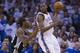 OKLAHOMA CITY, OK - May 27: Kevin Durant #35 of the Oklahoma City Thunder backs up to the basket against the San Antonio Spurs in Game 4 of the Western Conference Finals during the 2014 NBA Playoffs at the Chesapeake Arena on May 27, 2014 in Oklahoma City
